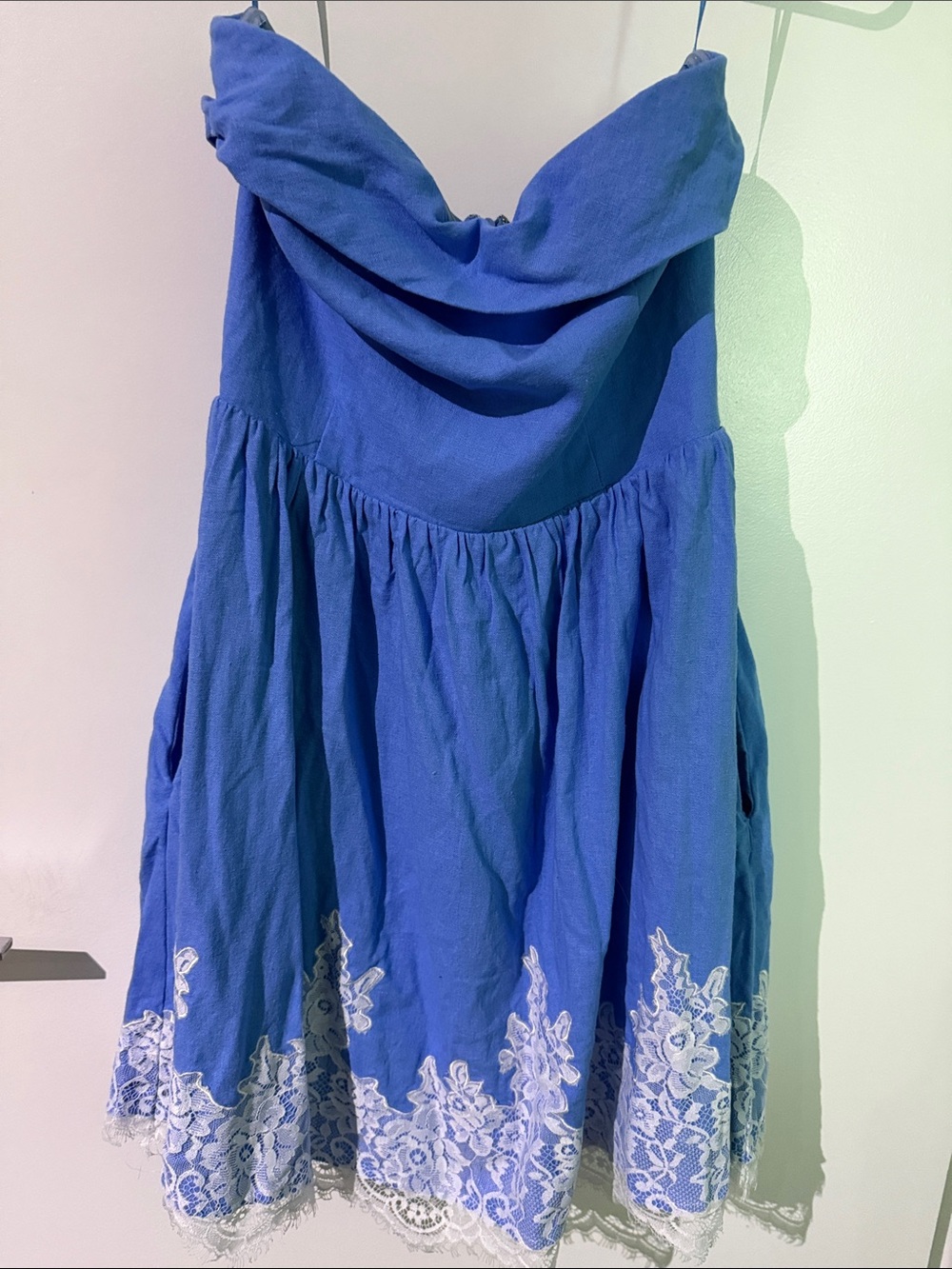 Wayf Strapless Royal Blue Mini Dress with White Lace Hem and Pockets